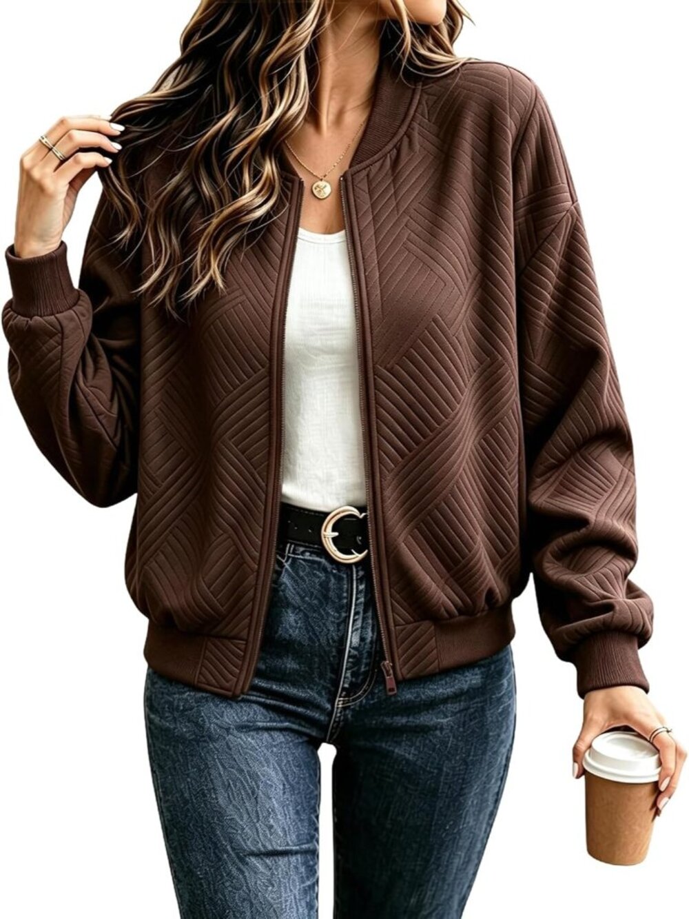 Women's Brown Chevron Textured Bomber Jacket Zip Up Lightweight Casual Fall Coat